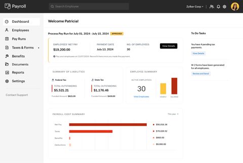 Zoho Payroll screenshot: Payroll dashboard with pay run summary