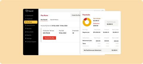 Zoho Payroll screenshot: Pay run processing and pay summary