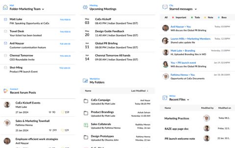 Zoho Workplace screenshot: Unified home with mail, meetings and chat