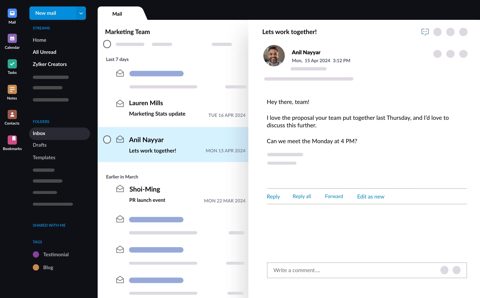 Zoho Workplace screenshot: Mail inbox with reading pane