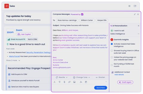 ZoomInfo screenshot: Account updates and AI-drafted outreach email