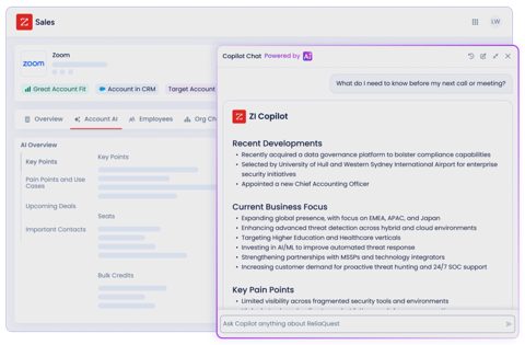 ZoomInfo screenshot: Account overview with Copilot chat panel