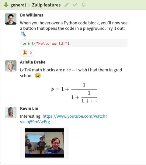 Zulip screenshot: Message formatting with LaTeX and video