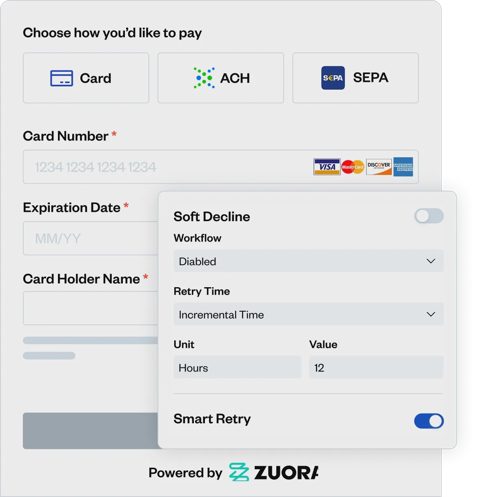 Zuora screenshot: Payment method and retry settings