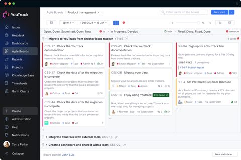 YouTrack screenshot: Scrum sprint board