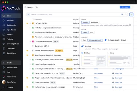 YouTrack screenshot: Issue list with search and filters