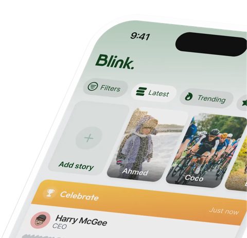 Blink screenshot: Mobile feed with stories and celebrations