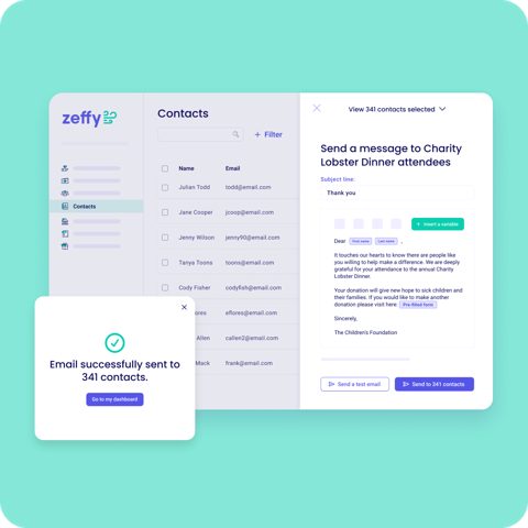 Zeffy screenshot: Contacts list with email composer