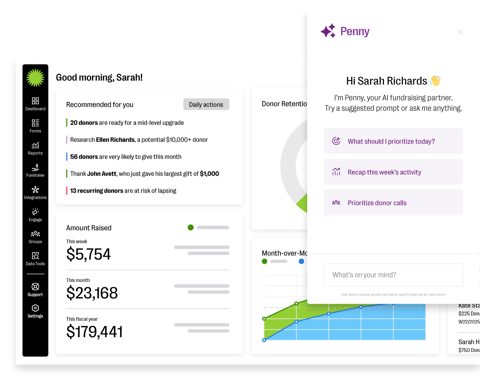Bloomerang screenshot: Donor dashboard with AI assistant panel
