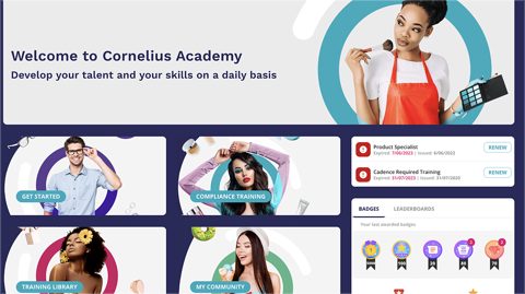 Docebo screenshot: Learner home with courses and badges