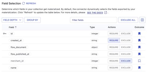 Estuary screenshot: Field selection table