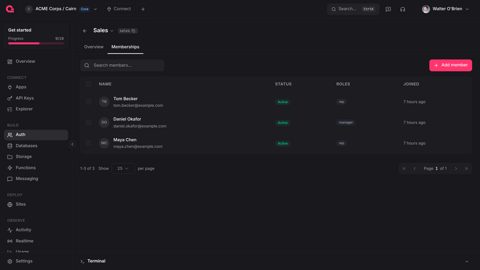 Appwrite screenshot: Team memberships list in Auth