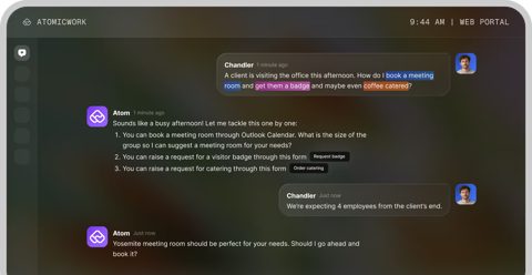 Atomicwork screenshot: Web portal chat with the Atom assistant