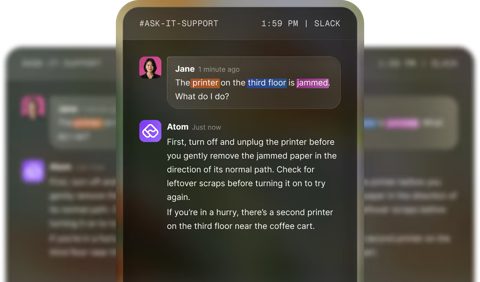 Atomicwork screenshot: Atom answering an IT request in Slack