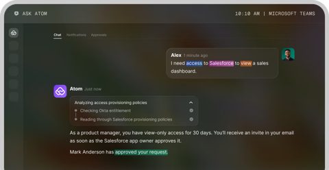 Atomicwork screenshot: Atom handling an access request in Teams