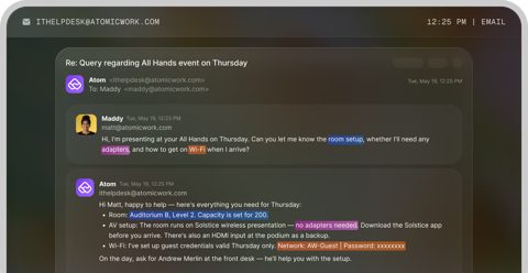 Atomicwork screenshot: Atom replying to a help desk email