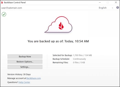 Backblaze Business Backup screenshot: Backup client control panel on Windows