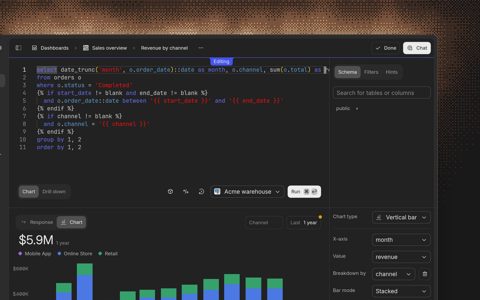 Basedash screenshot: SQL chart editor with chart settings