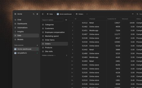 Basedash screenshot: Data browser with table list