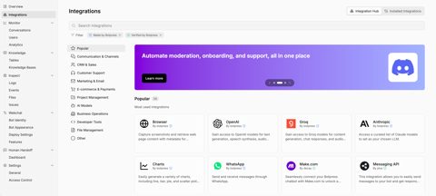 Botpress screenshot: Integrations hub