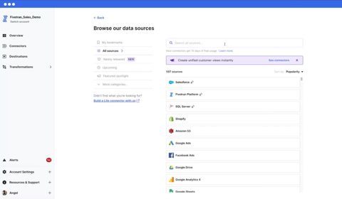 Fivetran screenshot: Browse data sources catalog
