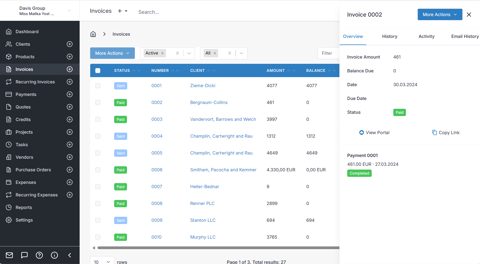 Invoice Ninja screenshot: Invoice list with overview panel