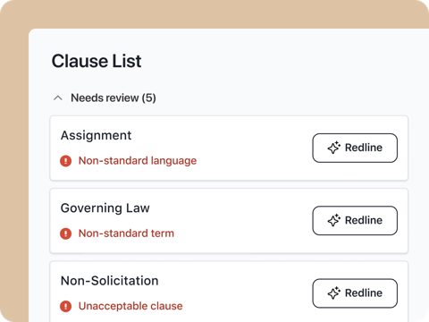 Ironclad screenshot: Clause list with redline actions