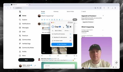 Cap screenshot: Cap recorder window with camera and mic options