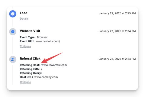 Cometly screenshot: Customer journey event timeline