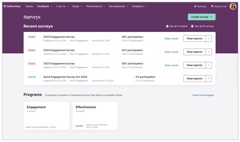 Culture Amp screenshot: Surveys and programs overview