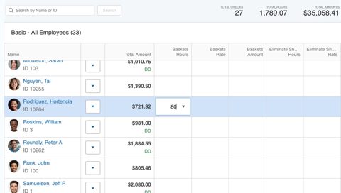 Paychex Flex screenshot: Payroll hours entry grid