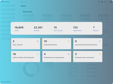 JumpCloud screenshot: Admin home with user and device counts