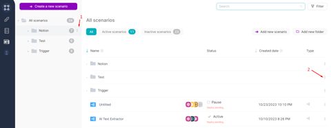 Latenode screenshot: Scenarios list with folders