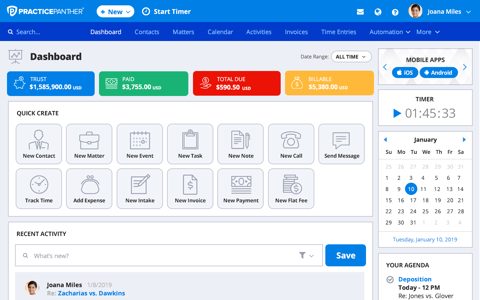 PracticePanther screenshot: Dashboard with quick create and agenda