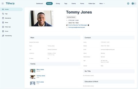 Tithely Church Management screenshot: Church management person profile