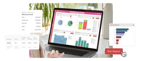 Vagaro screenshot: Reports dashboard with charts and sales tables