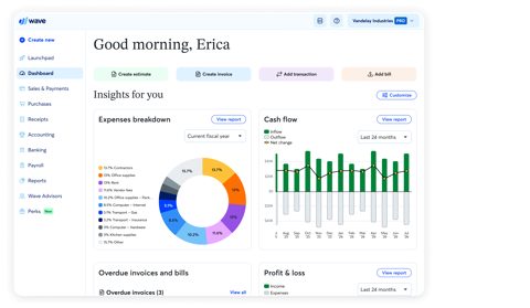 Wave screenshot: Dashboard with expense breakdown and cash flow