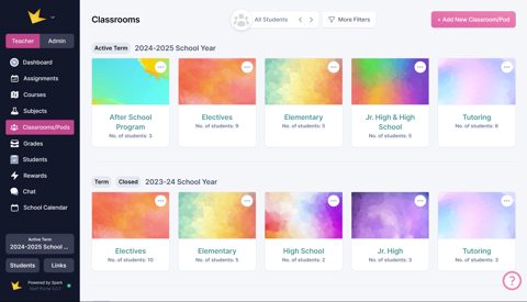 Spark screenshot: Classrooms and pods list