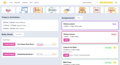 Spark screenshot: Student assignments and daily goals