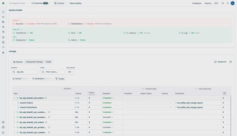 Streamkap screenshot: Observability lineage by source