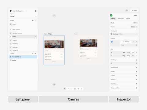 Subframe screenshot: Editor with canvas, layers and inspector