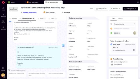 SuperOps screenshot: Ticket detail with conversation and timer