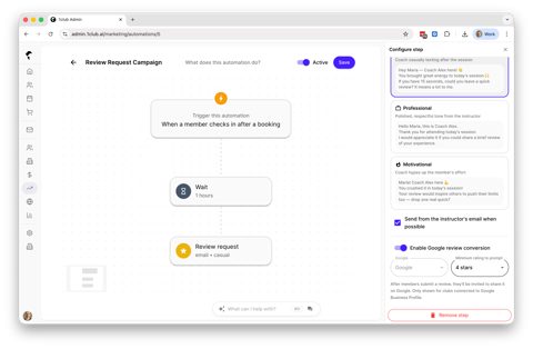 1club screenshot: Automation workflow builder