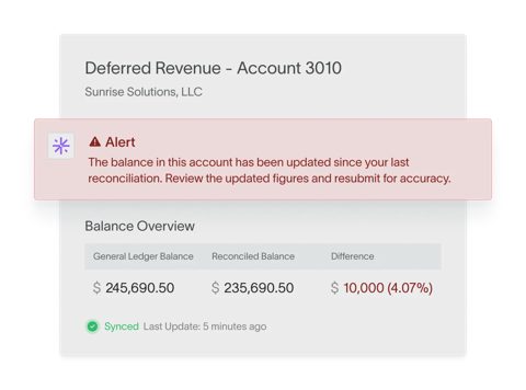 DualEntry screenshot: Account reconciliation alert