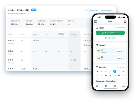 Eddy screenshot: Timesheet with mobile clock-in