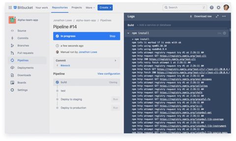 Bitbucket screenshot: Pipeline run with build logs