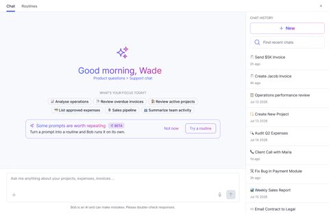 Billdr screenshot: Ask Bob AI assistant chat