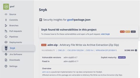 Bitbucket screenshot: Snyk vulnerability insights