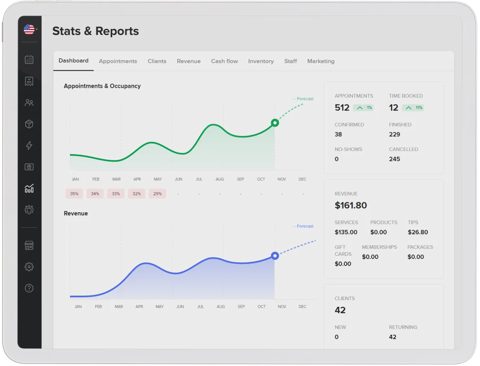 Booksy screenshot: Stats and reports dashboard