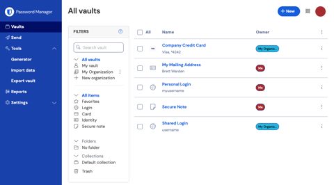 Bitwarden screenshot: Web vault item list